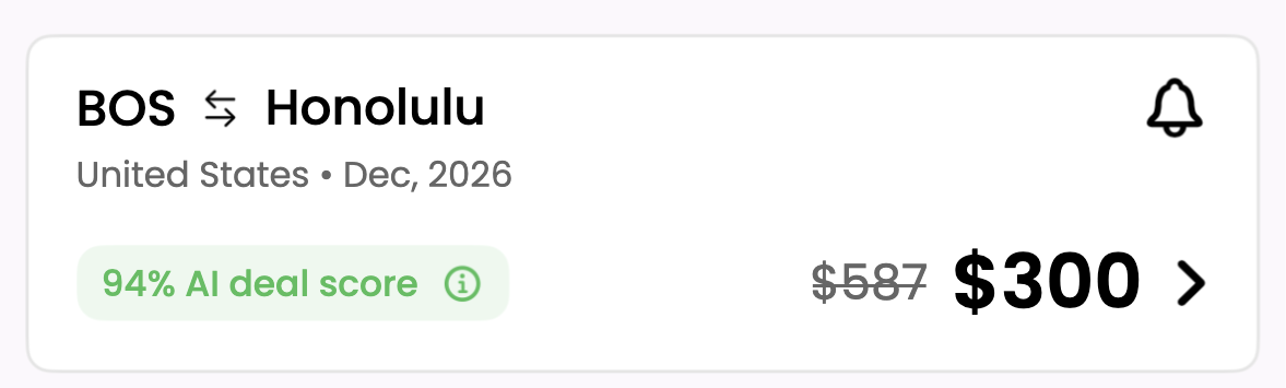 RatePunk deal card: Boston to Honolulu, $300 round trip, usually $587, AI deal score 94
