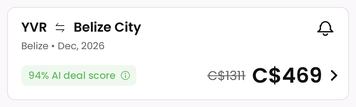 Deal card: Vancouver to Belize City, C$469 against a usual C$1,311