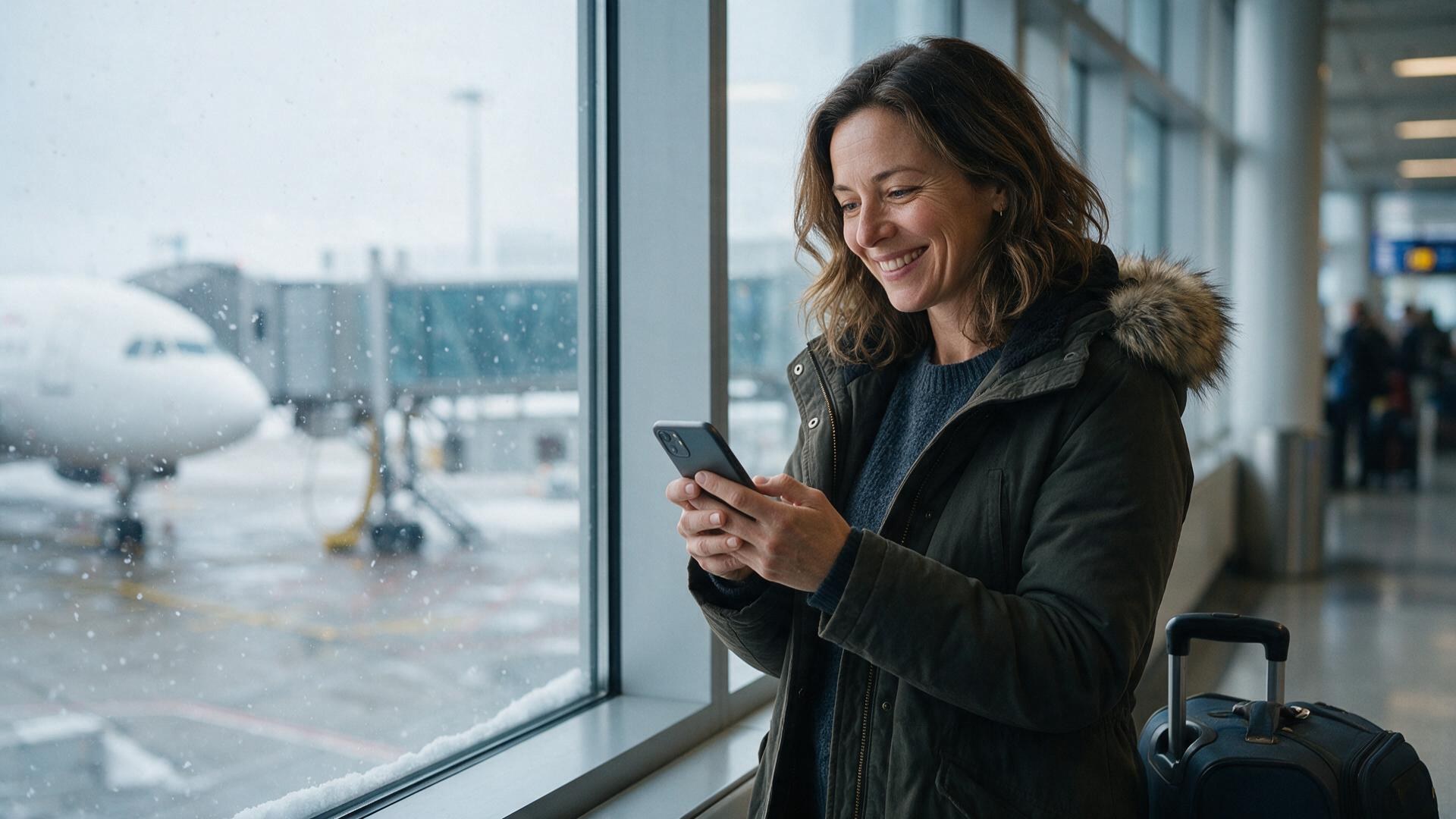 Traveller smiling at her phone in a snowy-day terminal.