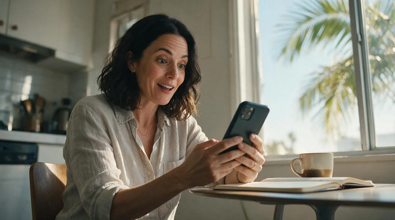 Woman smiling at her phone at a sunny kitchen table.