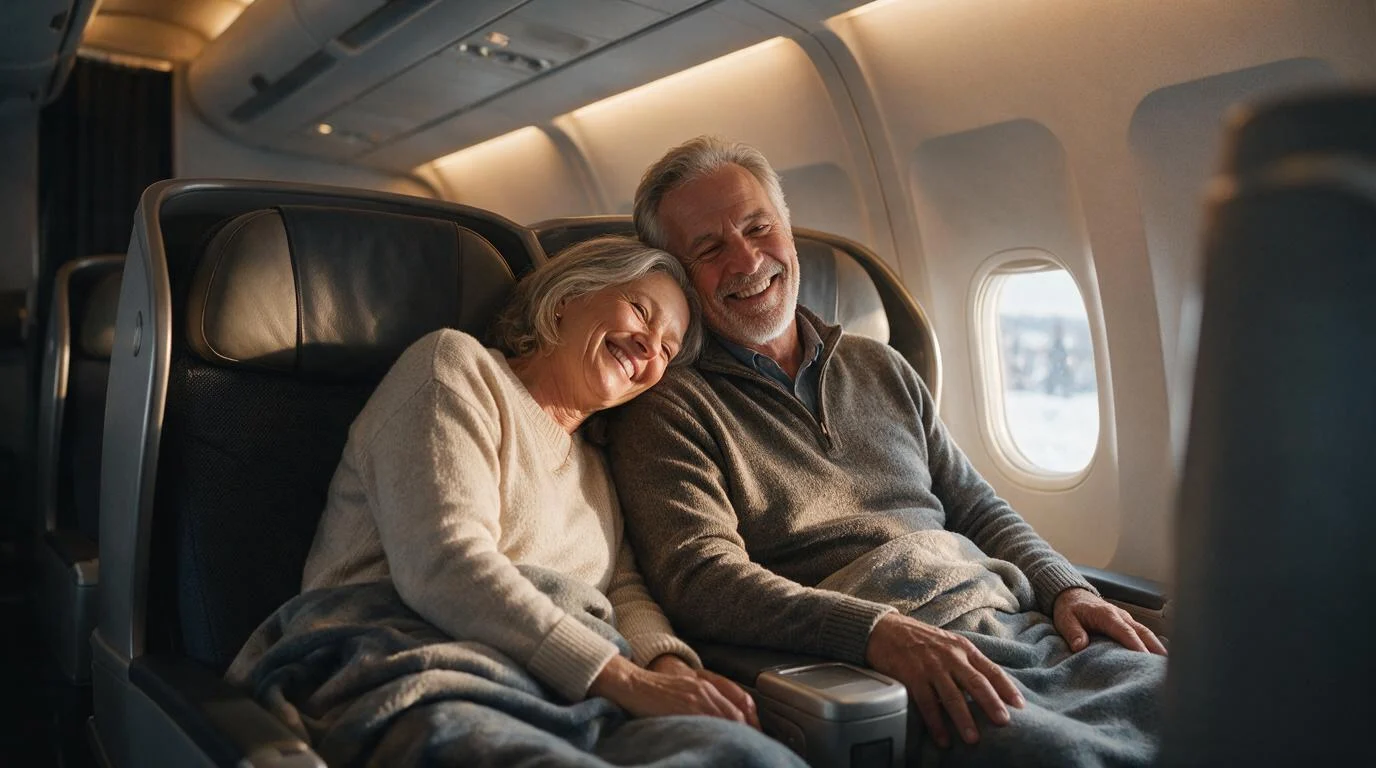 Older couple relaxing in premium cabin seats on a winter flight.