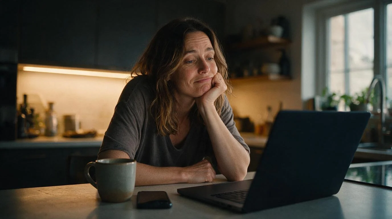 Woman waiting at her laptop late in the evening.
