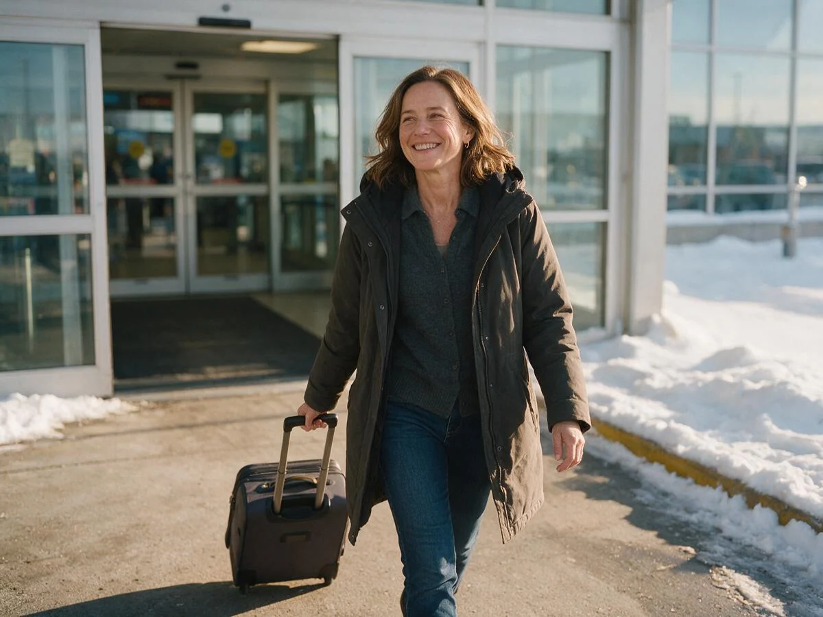 Traveler leaving an airport terminal on a snowy afternoon.