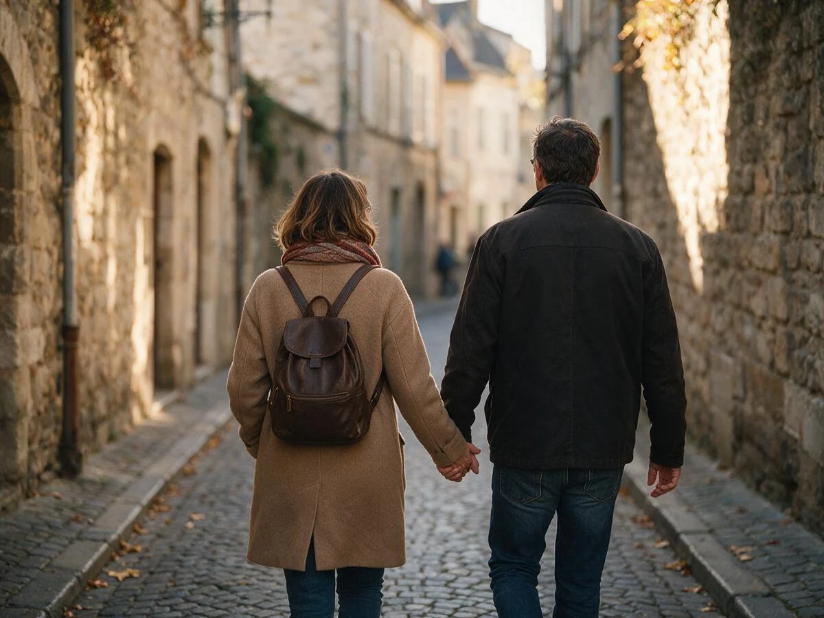 Couple walking down a sunny old-town street in autumn.
