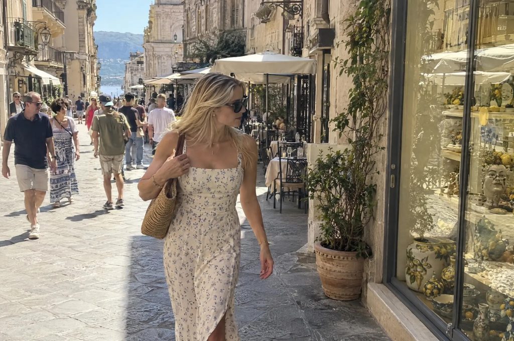 Traveler walking through a city street